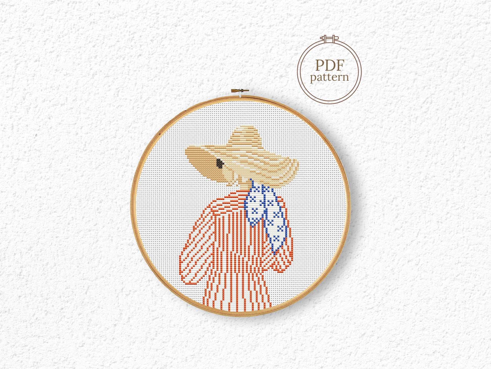 Cross stitch pattern of a woman in a hat looking at the ocean, minimalist summer beach PDF design