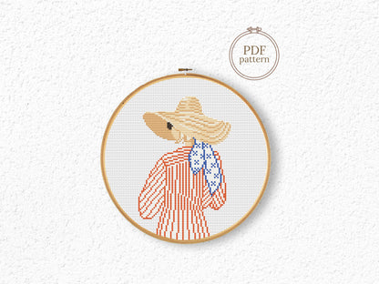 Cross stitch pattern of a woman in a hat looking at the ocean, minimalist summer beach PDF design