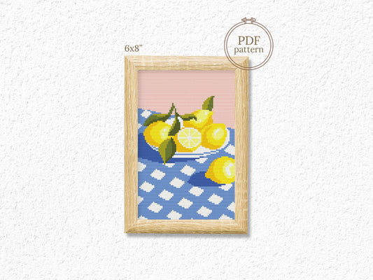 Summer cross stitch pattern with lemons on a plate – modern citrus embroidery PDF design