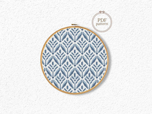 Blue geometric floral cross stitch pattern, digital PDF for modern embroidery