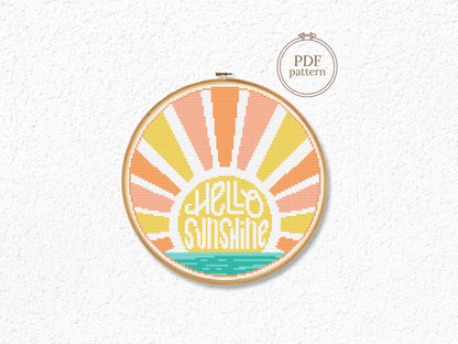 Hello Sunshine cross stitch pattern – summer surf beach quote PDF design