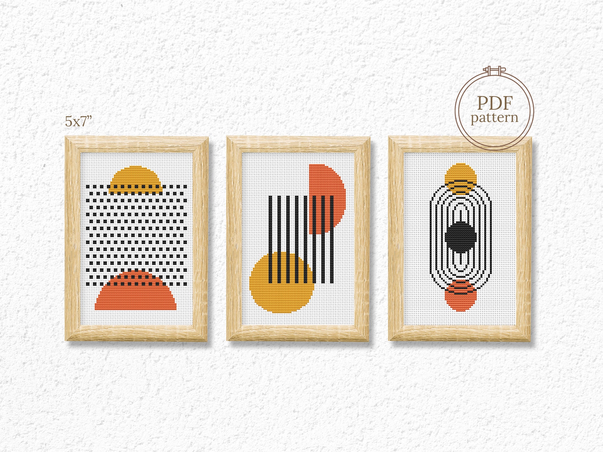Abstract geometric shapes cross stitch patterns – modern minimalist PDF set of 3 for colorful hoop art and home decor