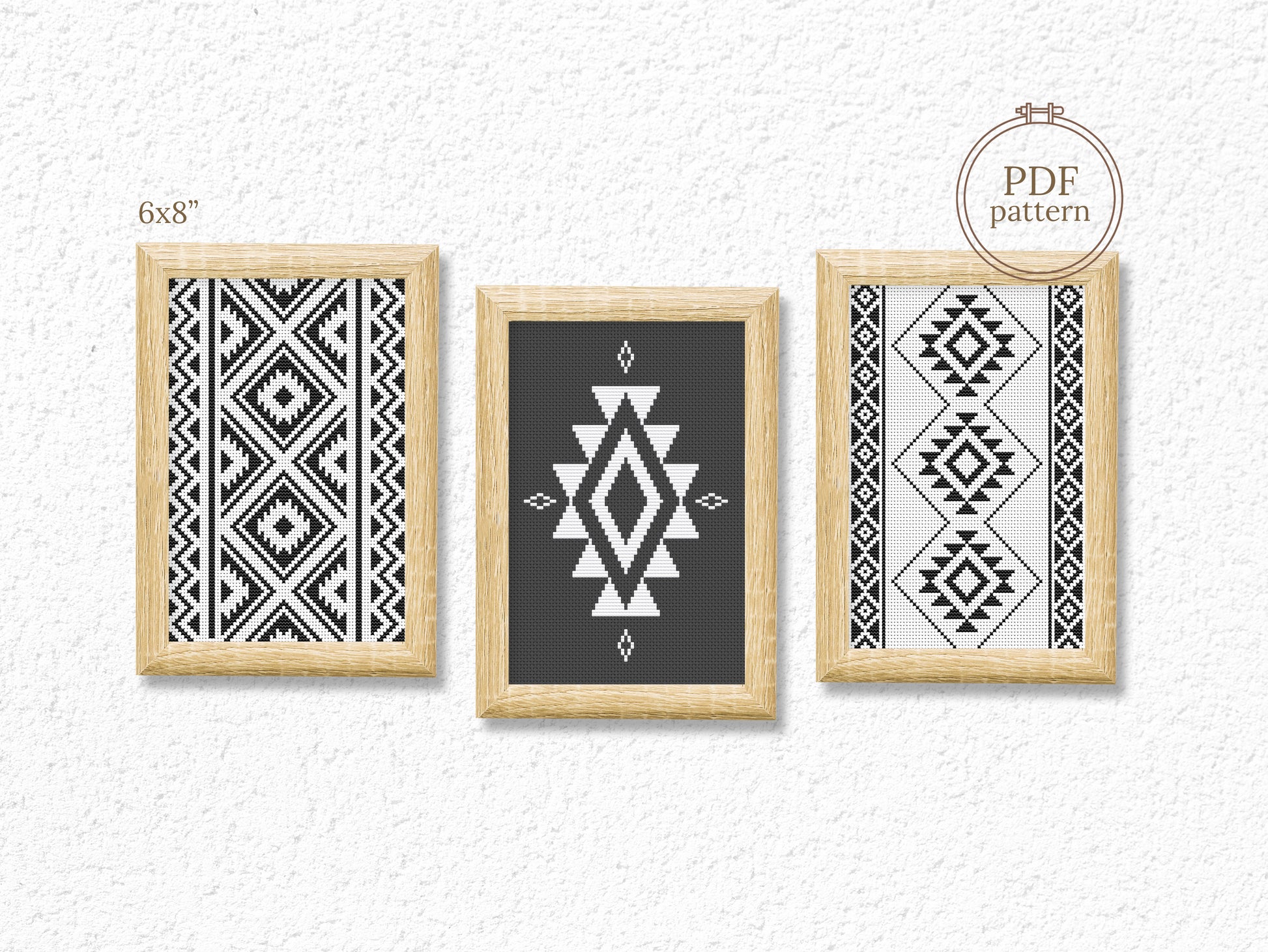 Set of three black and white tribal boho cross stitch patterns with geometric shapes
