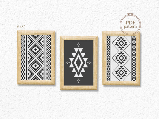 Set of three black and white tribal boho cross stitch patterns with geometric shapes