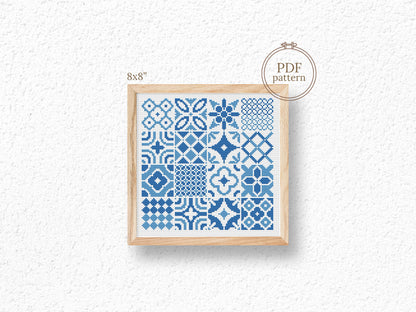 Blue tile style cross stitch pattern with intricate ceramic-inspired design
