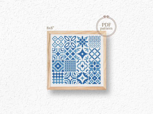 Blue tile style cross stitch pattern with intricate ceramic-inspired design