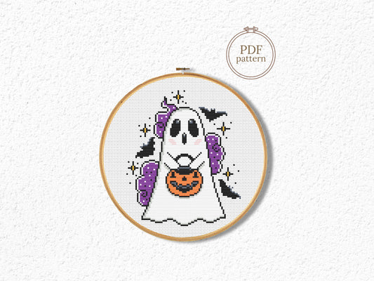 Spooky ghost cross stitch pattern for Halloween embroidery