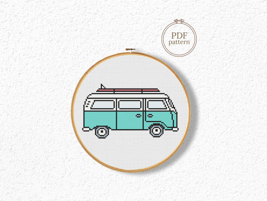 Hawaii truck summer cross stitch pattern, tropical beach embroidery design