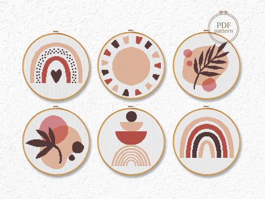 Set of 6 boho abstract shapes cross stitch patterns in minimalist style