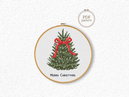 Christmas tree with red bow cross stitch pattern, festive holiday embroidery design