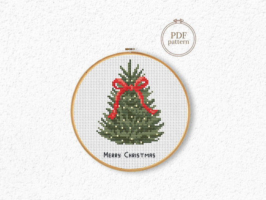 Christmas tree with red bow cross stitch pattern, festive holiday embroidery design