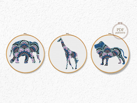 Set of three mandala animal cross stitch patterns featuring elephant, giraffe, and lion designs