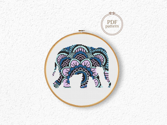 Mandala elephant cross stitch pattern with ornamental design