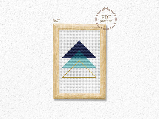 Triangle blue abstract cross stitch pattern with modern geometric design
