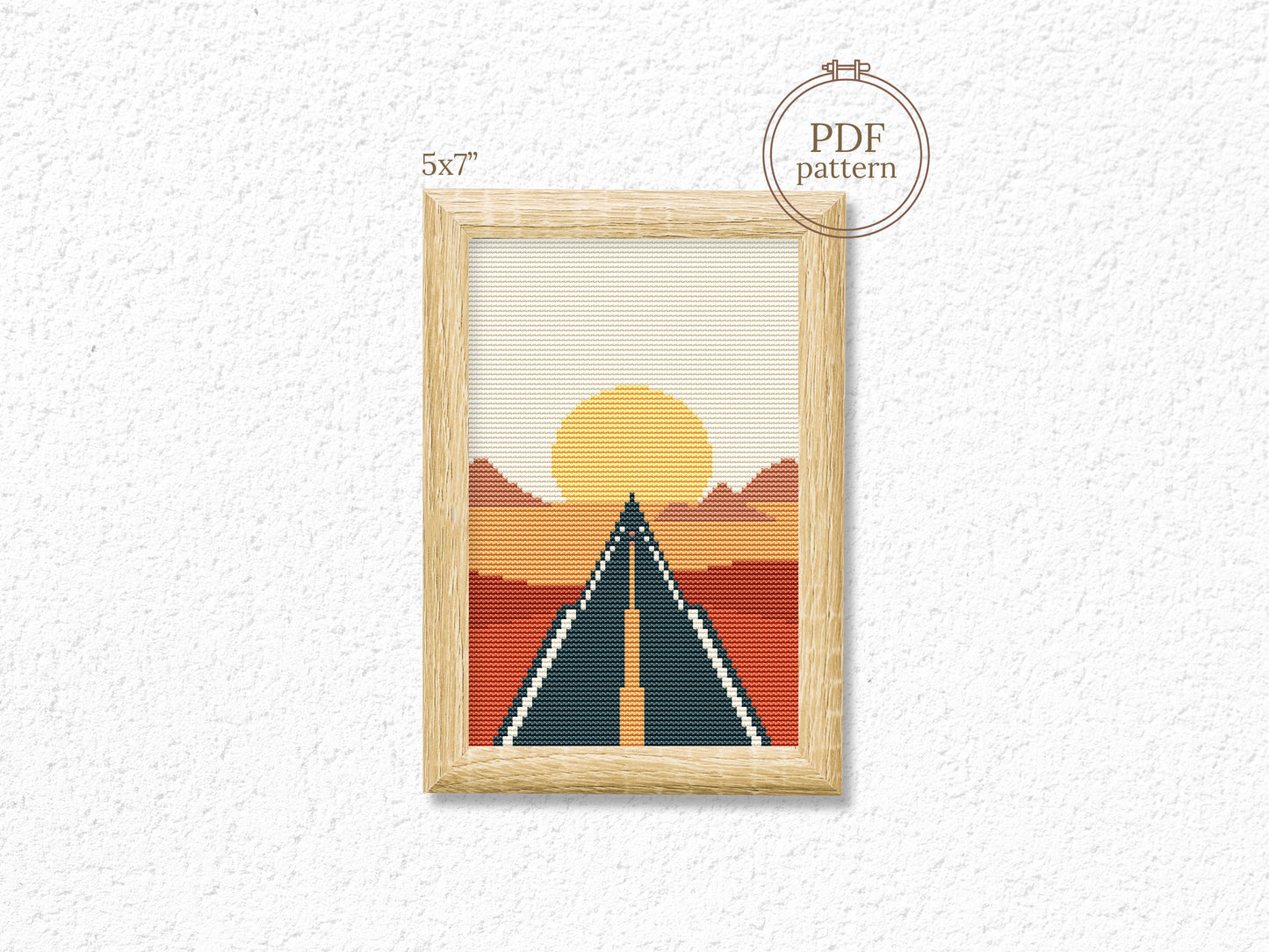 Mini road landscape cross stitch pattern – PDF embroidery scenic design