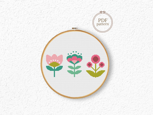 Three simple flowers cross stitch pattern with minimal floral design