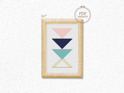 Triangle blue and rose gold abstract cross stitch pattern with modern geometric design