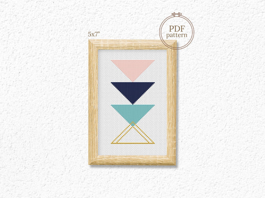 Triangle blue and rose gold abstract cross stitch pattern with modern geometric design