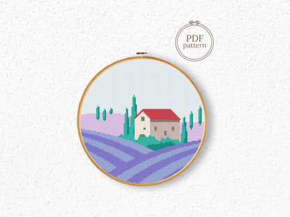 Lavender field cross stitch pattern with blooming flowers and nature landscape