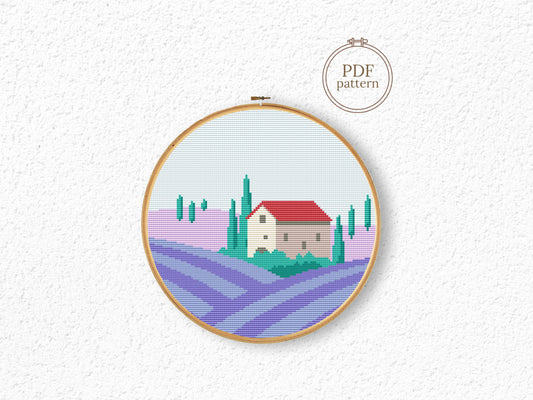 Lavender field cross stitch pattern with blooming flowers and nature landscape