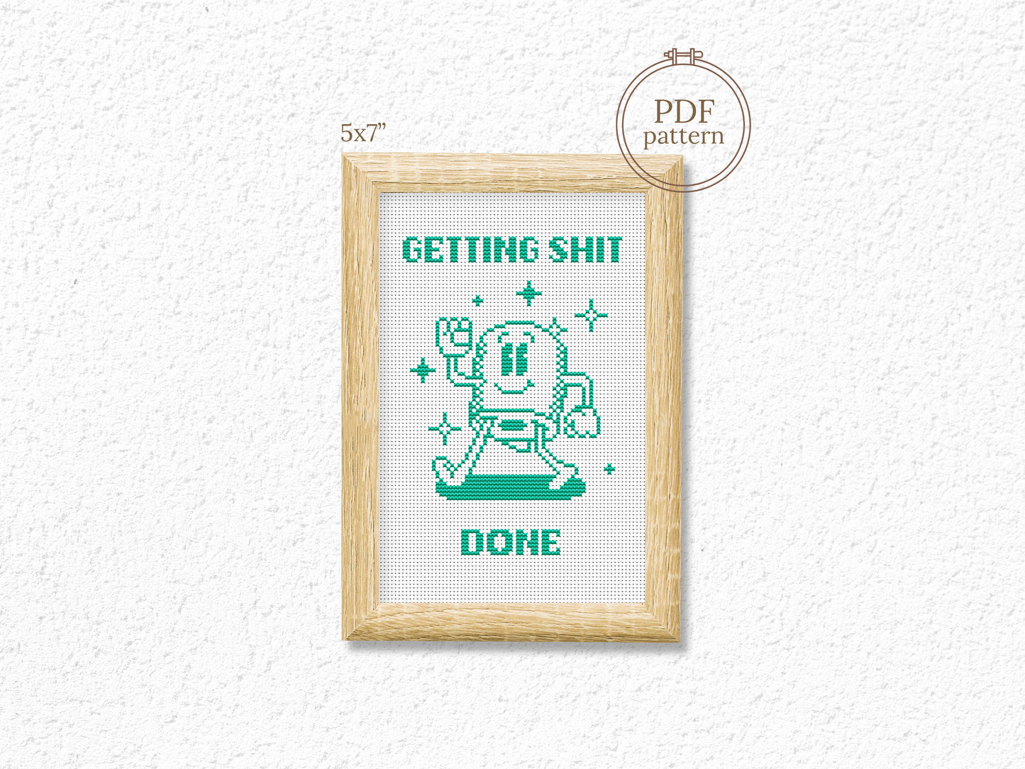 Funny “Getting Shit Done” cross stitch pattern with toilet paper motif – modern motivational PDF embroidery chart
