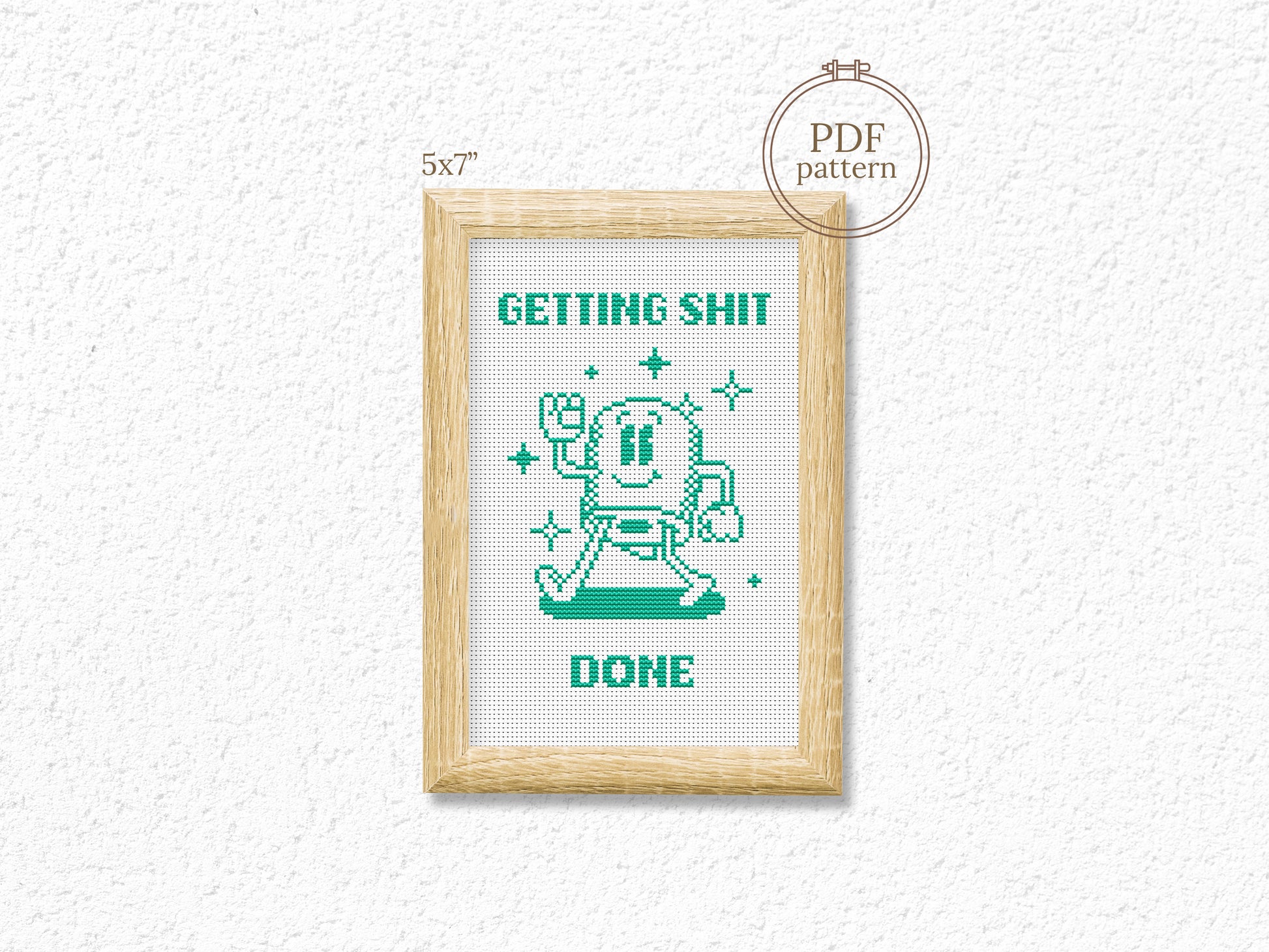 Funny “Getting Shit Done” cross stitch pattern with toilet paper motif – modern motivational PDF embroidery chart