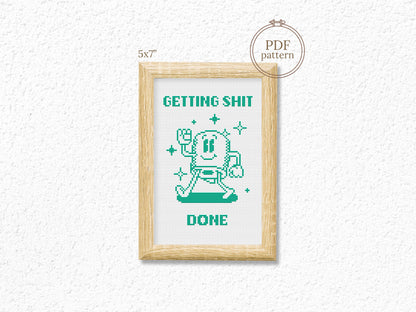 Funny “Getting Shit Done” cross stitch pattern with toilet paper motif – modern motivational PDF embroidery chart