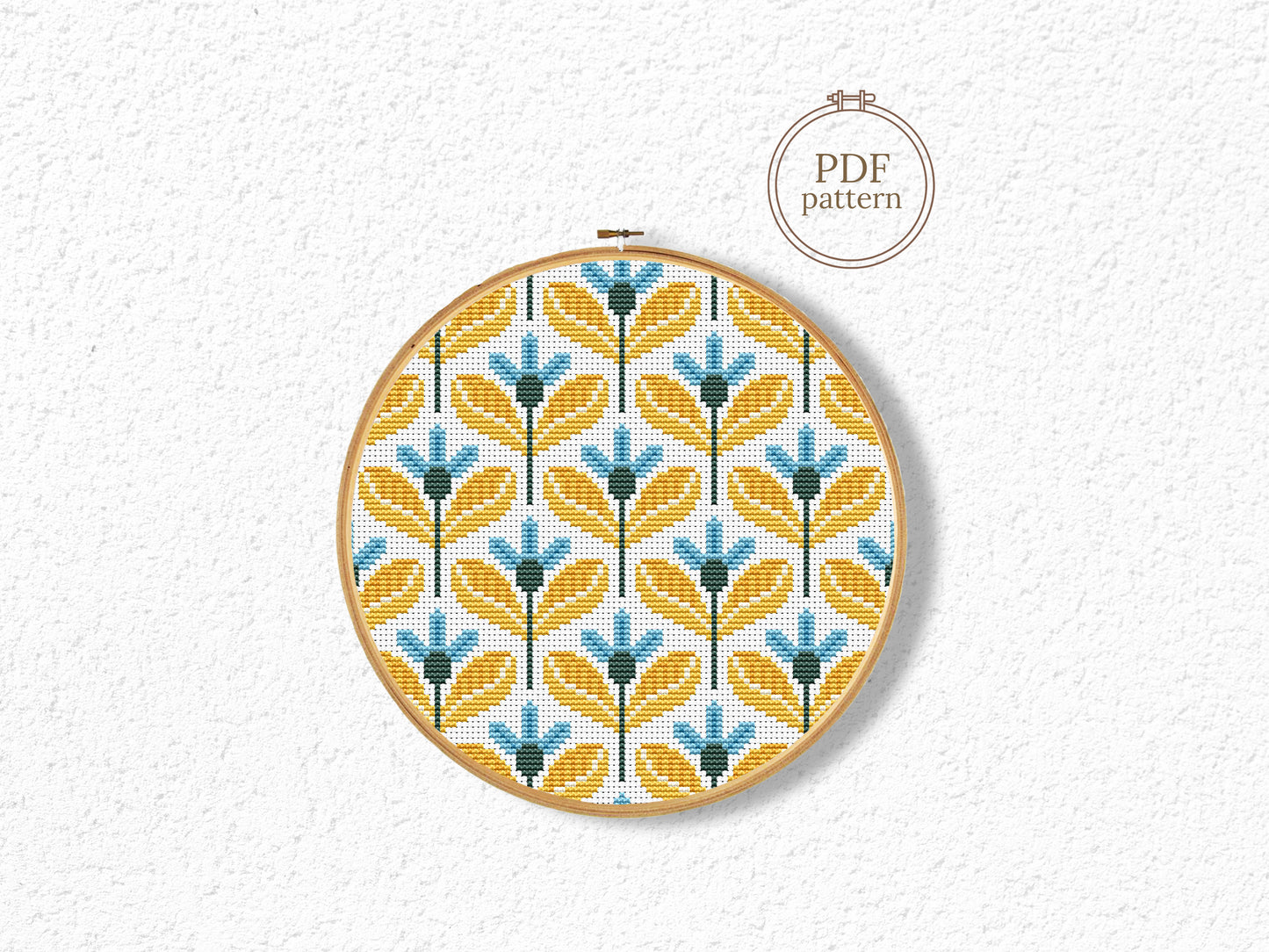 Yellow and blue geometric flowers cross stitch pattern, modern PDF embroidery design