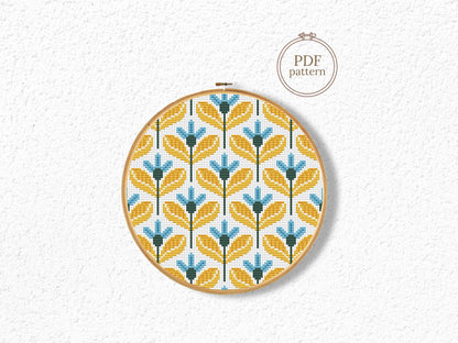 Yellow and blue geometric flowers cross stitch pattern, modern PDF embroidery design