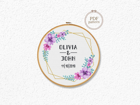 Wedding personalized cross stitch pattern – violet flower frame – embroidery PDF with alphabet and date customization