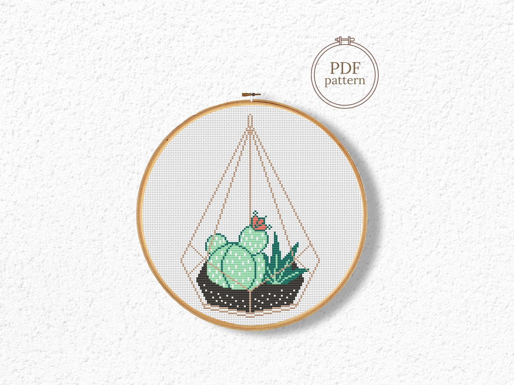 Succulents in terrarium pot cross stitch pattern, modern plant embroidery design