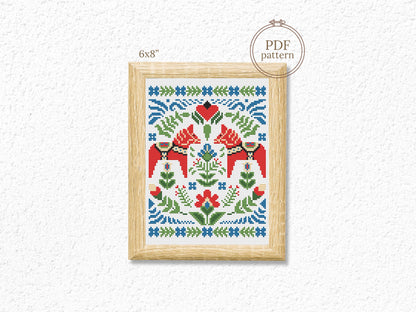 Swedish red horse cross stitch pattern, Nordic Dala horse embroidery design