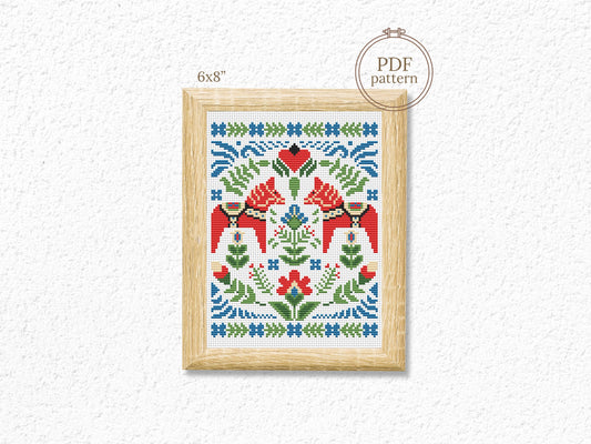 Swedish red horse cross stitch pattern, Nordic Dala horse embroidery design