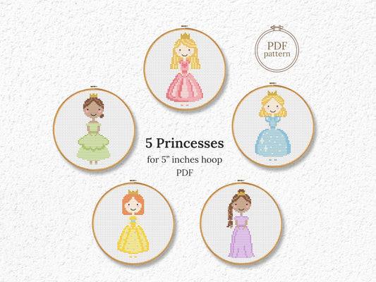 set of 5 cute princess cross stitch patterns, small nursery embroidery pdf, fairy tale designs for beginners