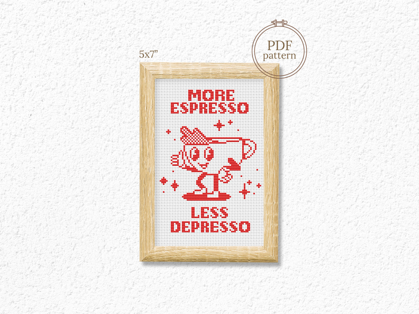 More Espresso Less Depresso cross stitch pattern – funny coffee quote PDF for modern kitchen wall decor