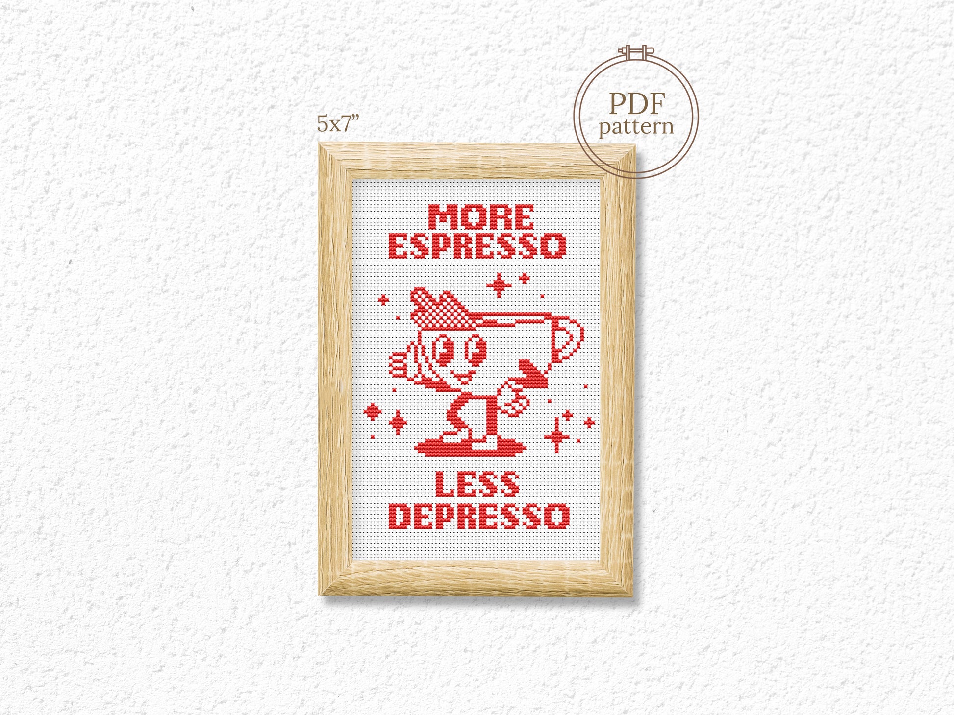 More Espresso Less Depresso cross stitch pattern – funny coffee quote PDF for modern kitchen wall decor