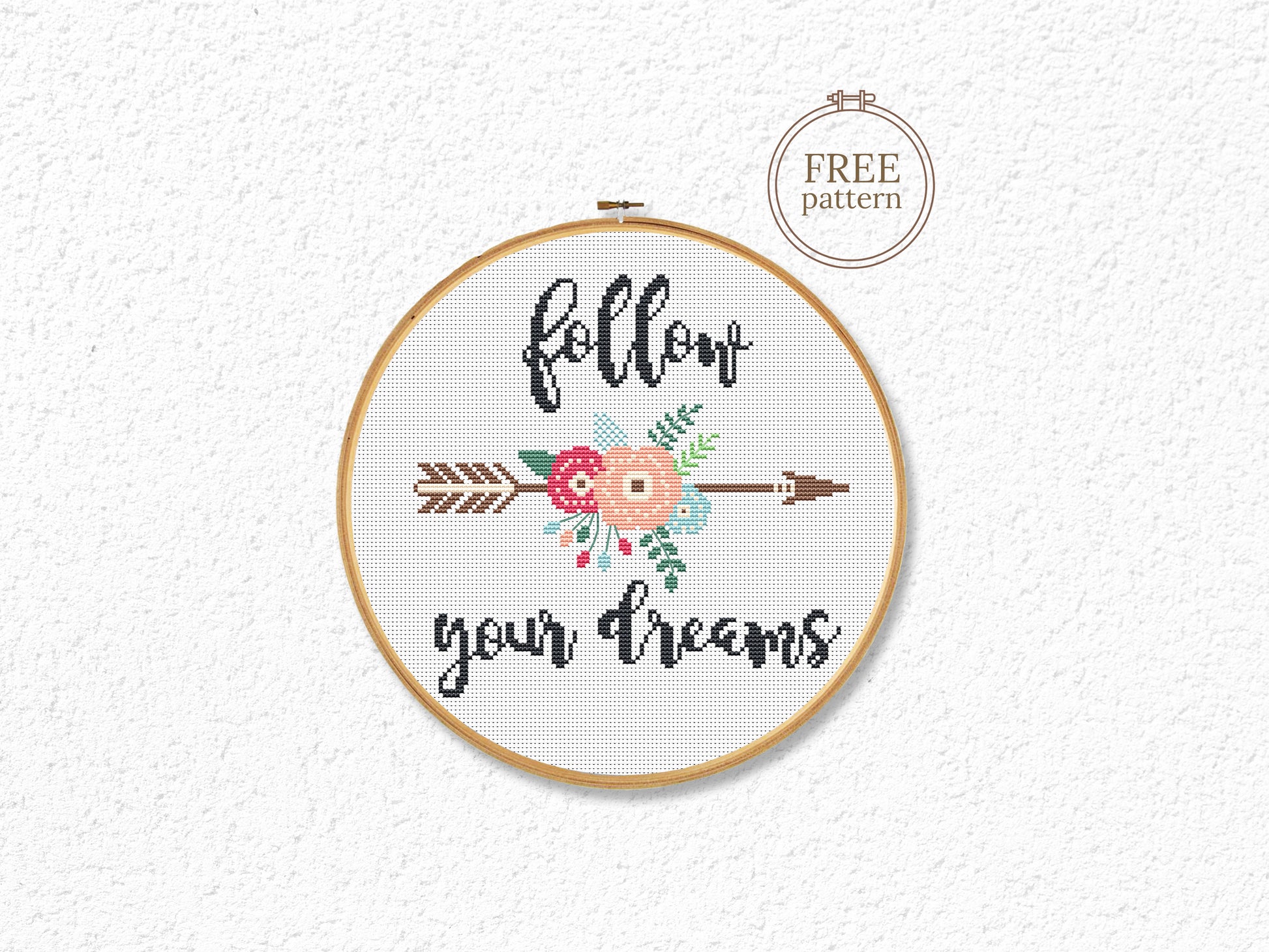 Boho floral cross stitch pattern with “Follow Your Dream” quote – modern inspirational PDF design
