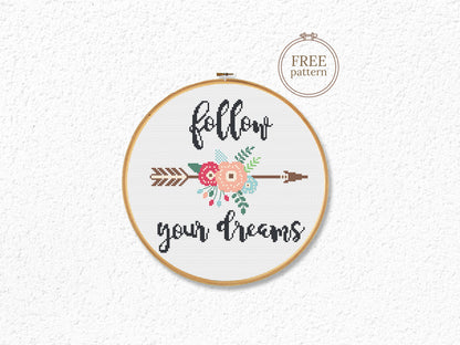 Boho floral cross stitch pattern with “Follow Your Dream” quote – modern inspirational PDF design