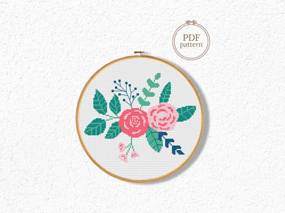 Floral bouquet with roses cross stitch pattern, elegant embroidery design