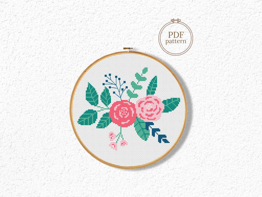 Floral bouquet with roses cross stitch pattern, elegant embroidery design