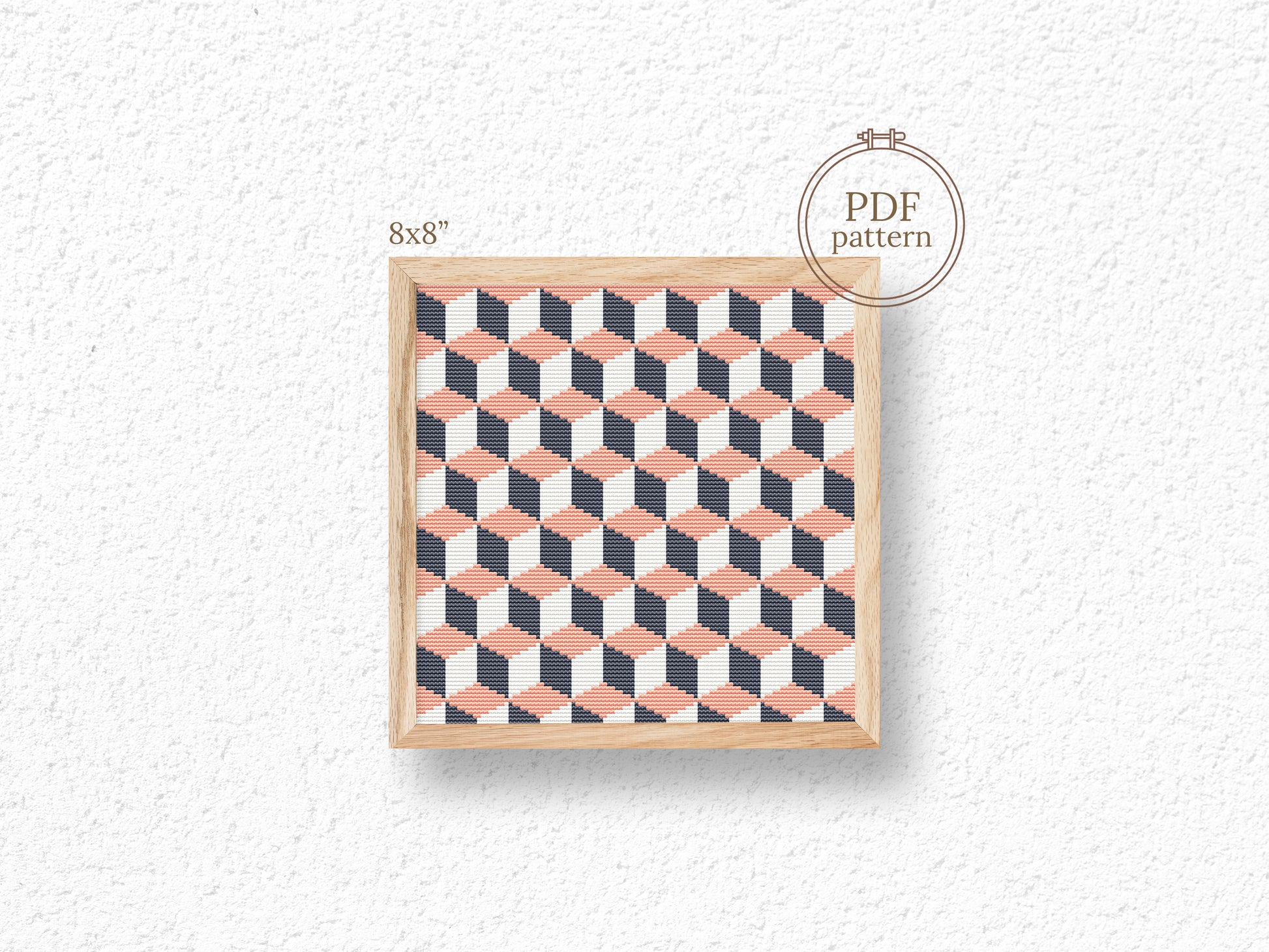 3D abstract cross stitch pattern with optical illusion and geometric depth