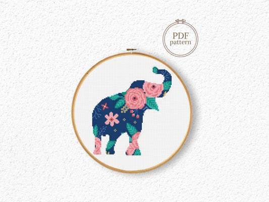Elephant cross stitch pattern for nursery with floral print and baby theme