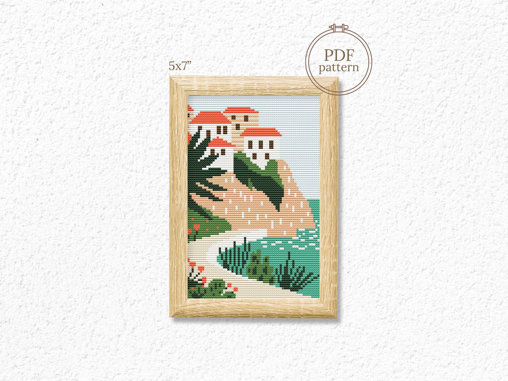 Dubrovnik coastal cross stitch pattern – Croatia landscape embroidery PDF, Mediterranean travel design