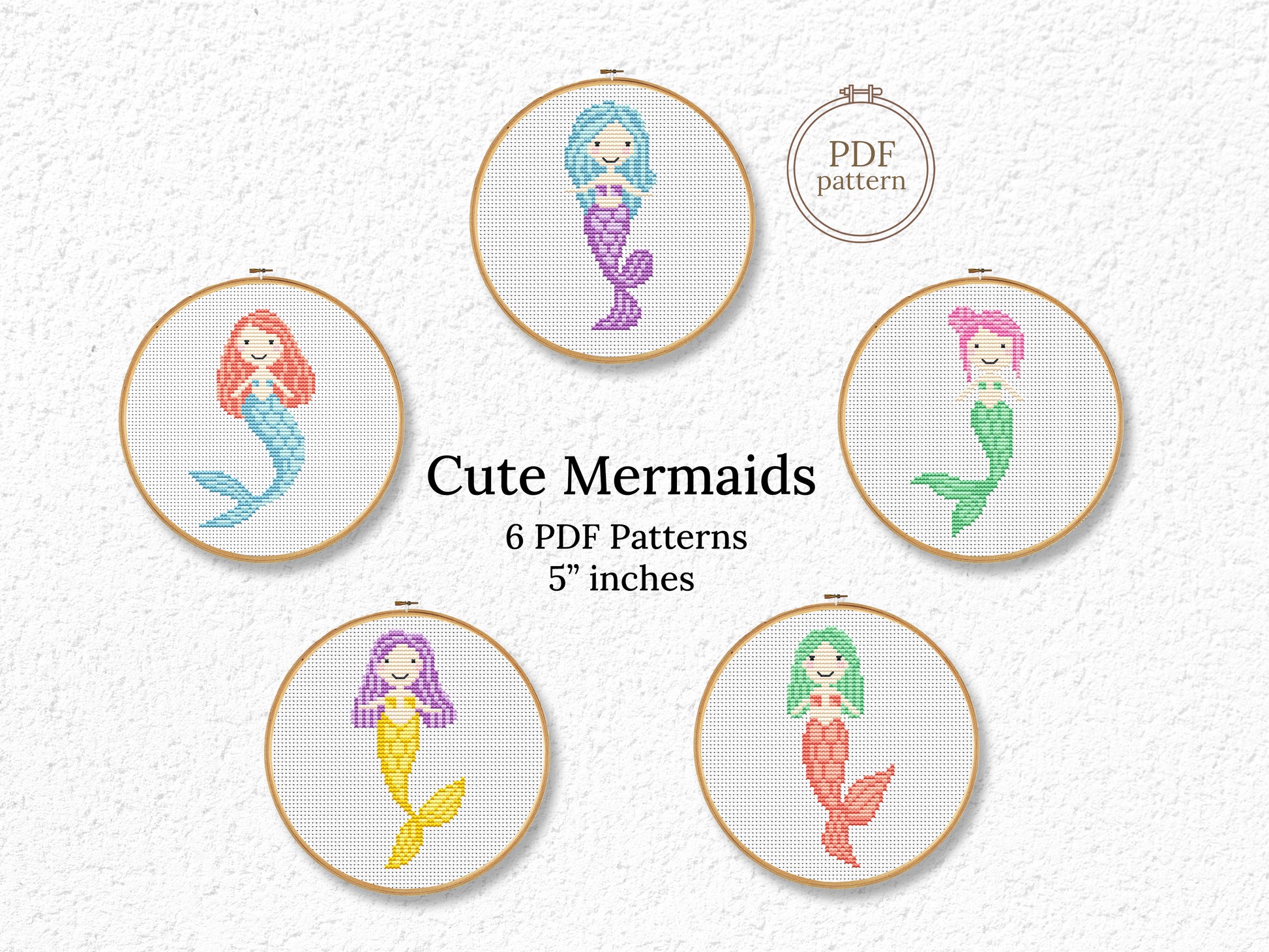 Colorful mermaid cross stitch pattern set – 5 cute PDF charts for nursery room decor