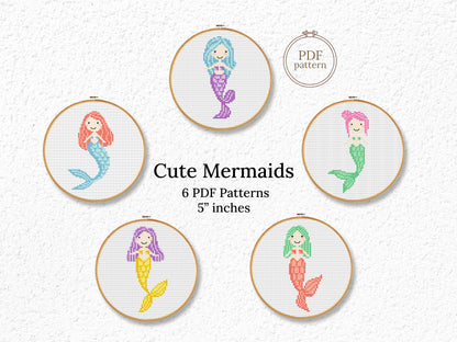 Colorful mermaid cross stitch pattern set – 5 cute PDF charts for nursery room decor