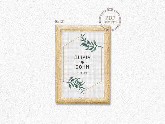 Wedding personalized cross stitch pattern – green wreath – modern minimalist embroidery with alphabet PDF