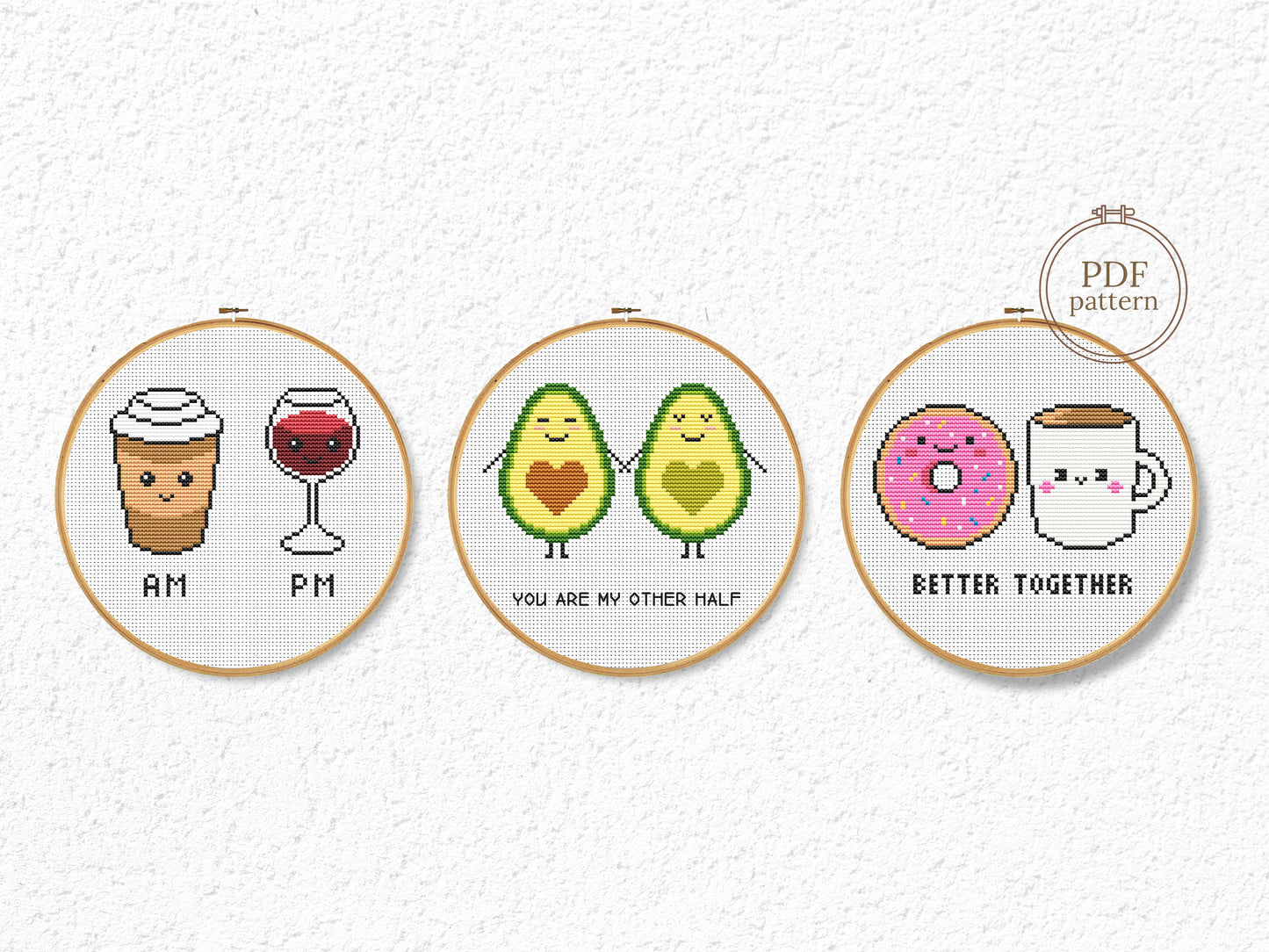 funny cross stitch patterns set, coffee wine quote, avocado love embroidery, donut coffee minimalist charts, modern pdf hoop art