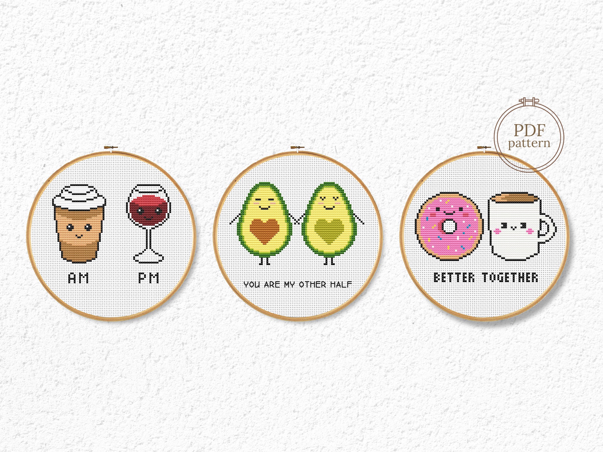 funny cross stitch patterns set, coffee wine quote, avocado love embroidery, donut coffee minimalist charts, modern pdf hoop art
