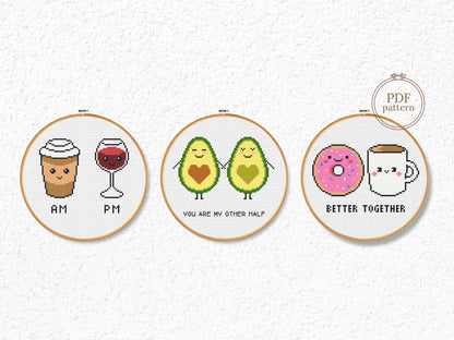 funny cross stitch patterns set, coffee wine quote, avocado love embroidery, donut coffee minimalist charts, modern pdf hoop art