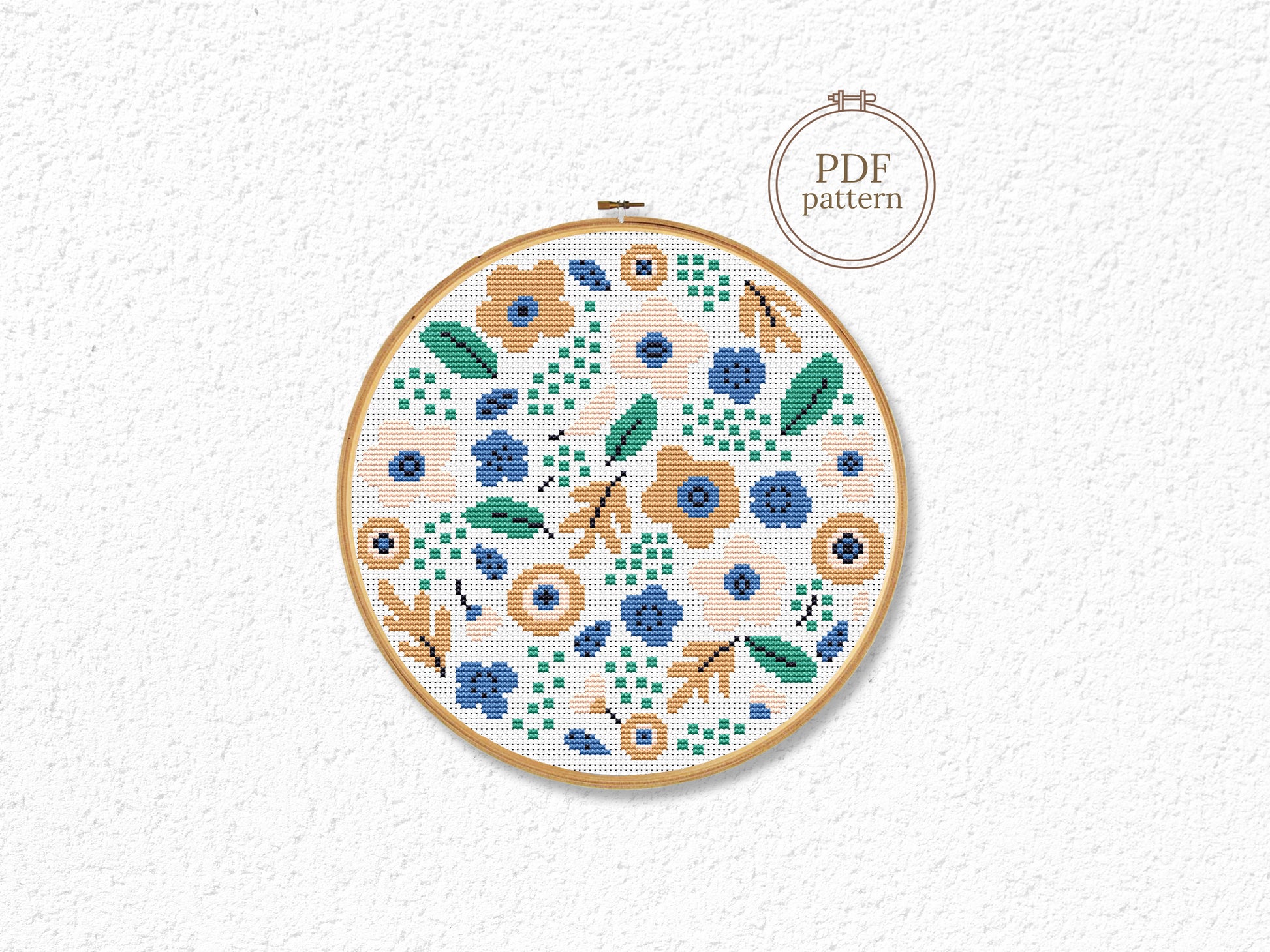 Modern floral bouquet cross stitch pattern – beige spring flowers PDF embroidery design